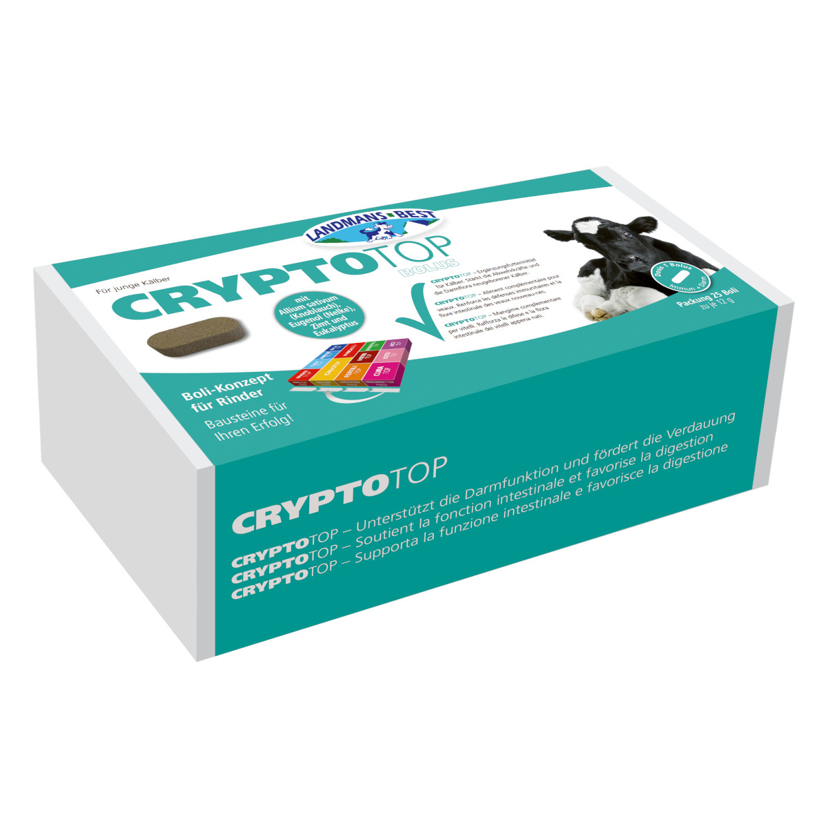 CRYPTOTOP Darm-Immun Bolus CRYPTOTOP fördert eine gesunde Darmflora und stärkt das Immunsystem neugeborener Kälber, wodurch der Bolus einen wichtigen Schutz bei latentem Infektionsdruck bietet.