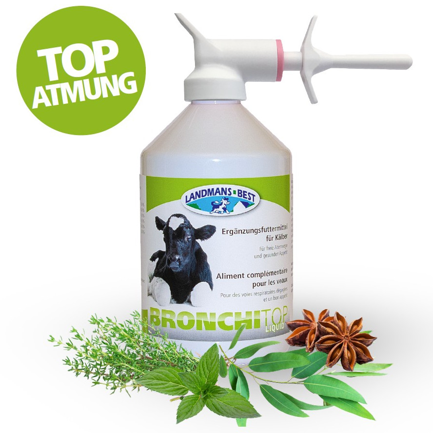 Bronchitop Liquid – Kräuterergänzung für Kälber 500ml Flasche Kälber AUFZUCHT | Bronchitop Liquid 500 ml – Kräuterlösung mit ätherischen Ölen für Kälber. Unterstützt Atemwege, Immunsystem und Futteraufnahme.