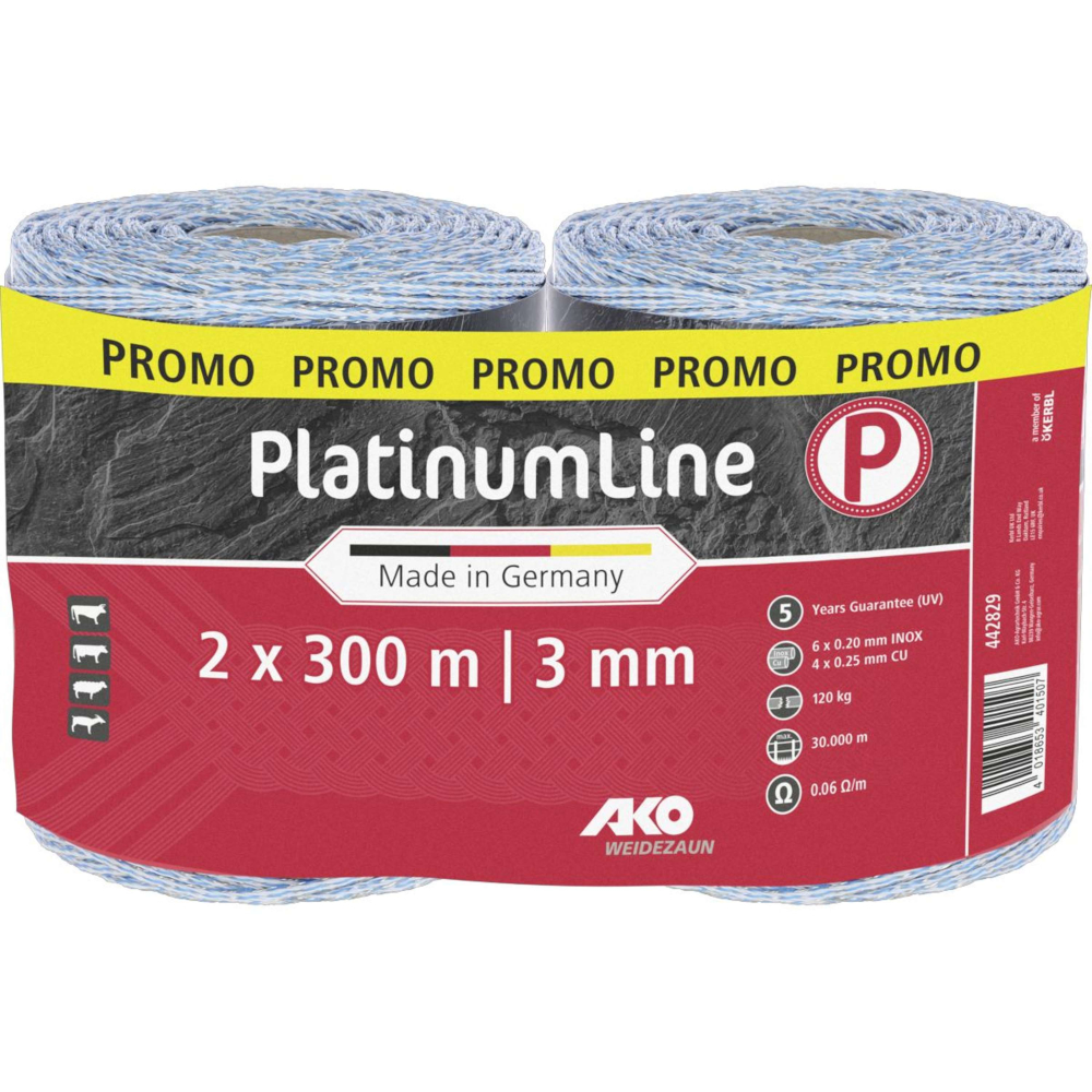 Weidezaunlitze PlatinumLine | 2 x 300 m x 3 mm | Doppelpack | weiß - blau | AKO