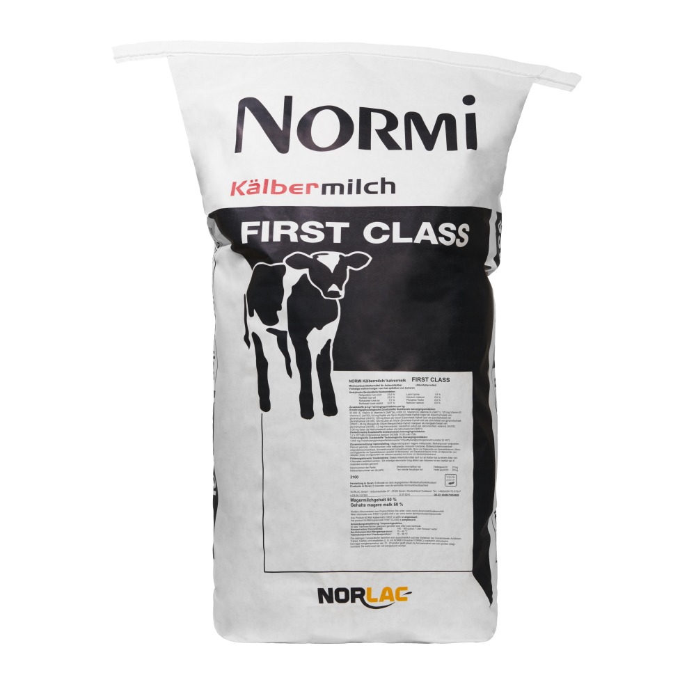 VLOG-geprüfte NORMI First Class Kälbermilch 25/25 mit 55 % Magermilch, hoher Verdaulichkeit und Energiedichte. Für vitale, gesunde und leistungsstarke Kälber.