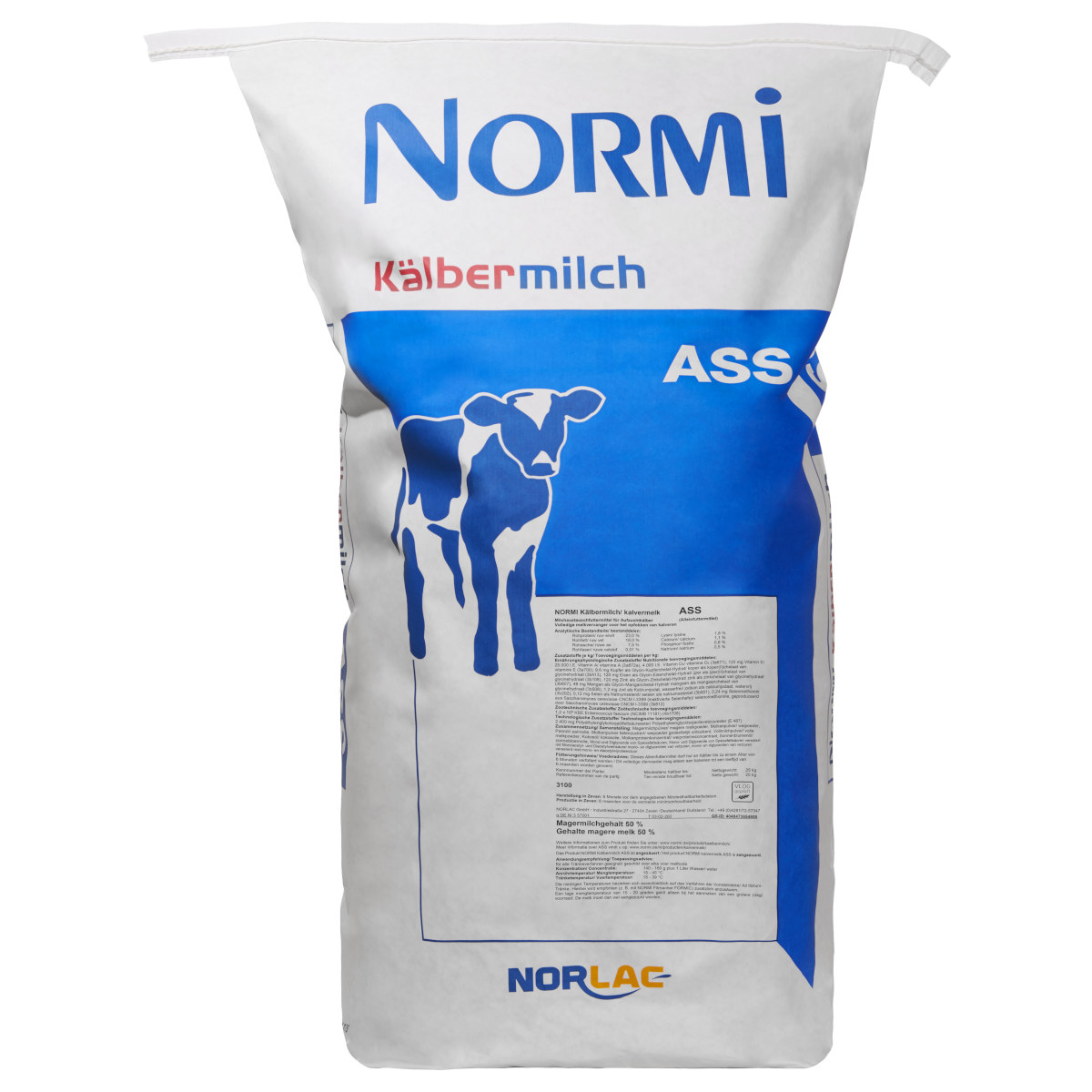 Allround-Kälbermilch mit 50 % Magermilch, Säurekombination, Probiotika und Vitaminkomplex. Für Warmtränke und Tränkeautomat. Dosierung 140–160 g/l.