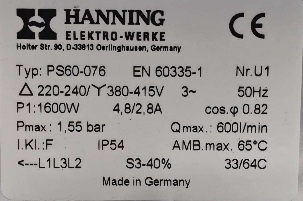 Spülpumpe 380V Hanning PS 60 Förderleistung: 600 L/min Typenschild