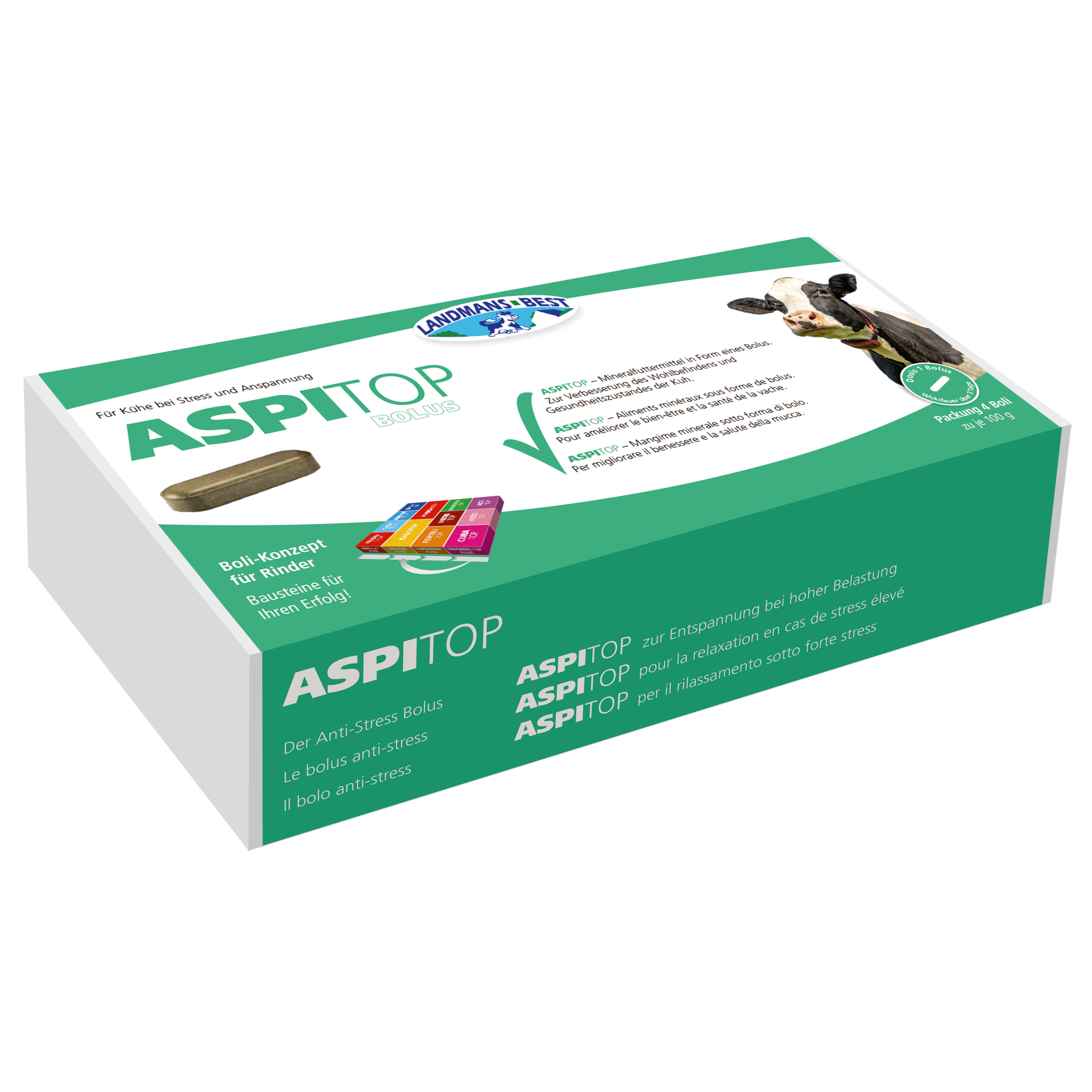 ASPITOP Anti-Stress Bolus für Rinder – Mit Weidenrinde & Propolis KALBUNG - LAKTATION - TROCKENSTEHZEIT - Der neue ASPITOP Bolus von LANDMANS BEST unterstützt auf schnellem Wege das Immunsystem und fördert so das Wohlbefinden der Tiere
