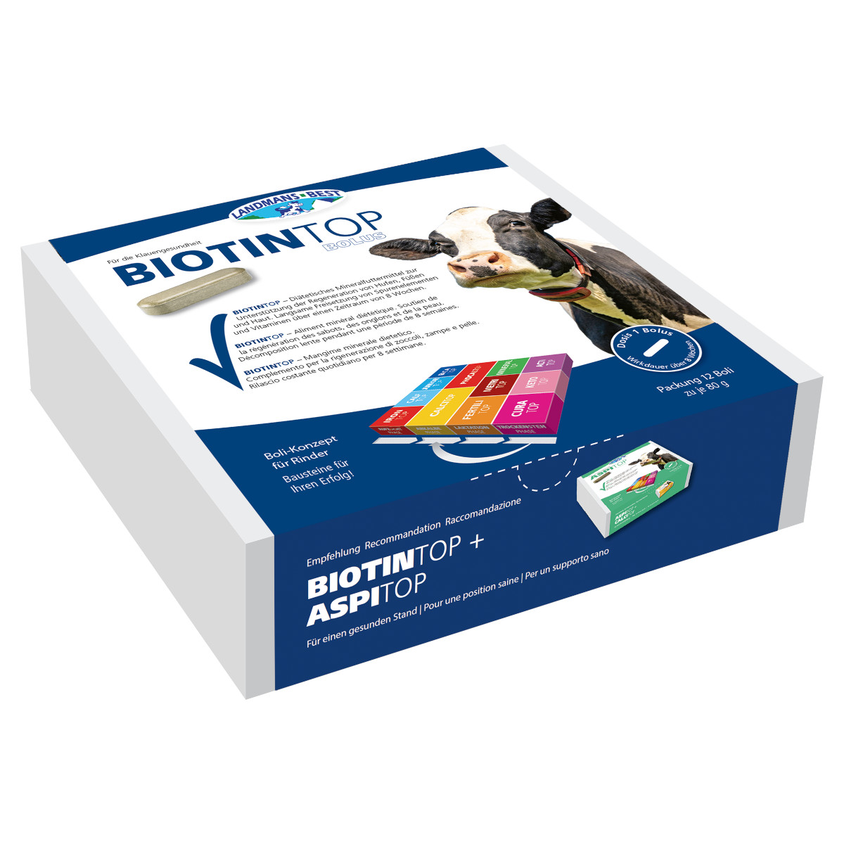 BIOTINTOP Klauen-Bolus für Rinder – Zink, Biotin & Vitamin E für gesunde Klauen LAKTATION TROCKENSTEHZEIT Langzeit-Bolus für Rinder mit Zink-Chelat, Biotin und Vitamin E. Fördert Keratinsynthese und Klauenhorn-Stabilität über 8 Wochen – ideal in der Trockenstehzeit.